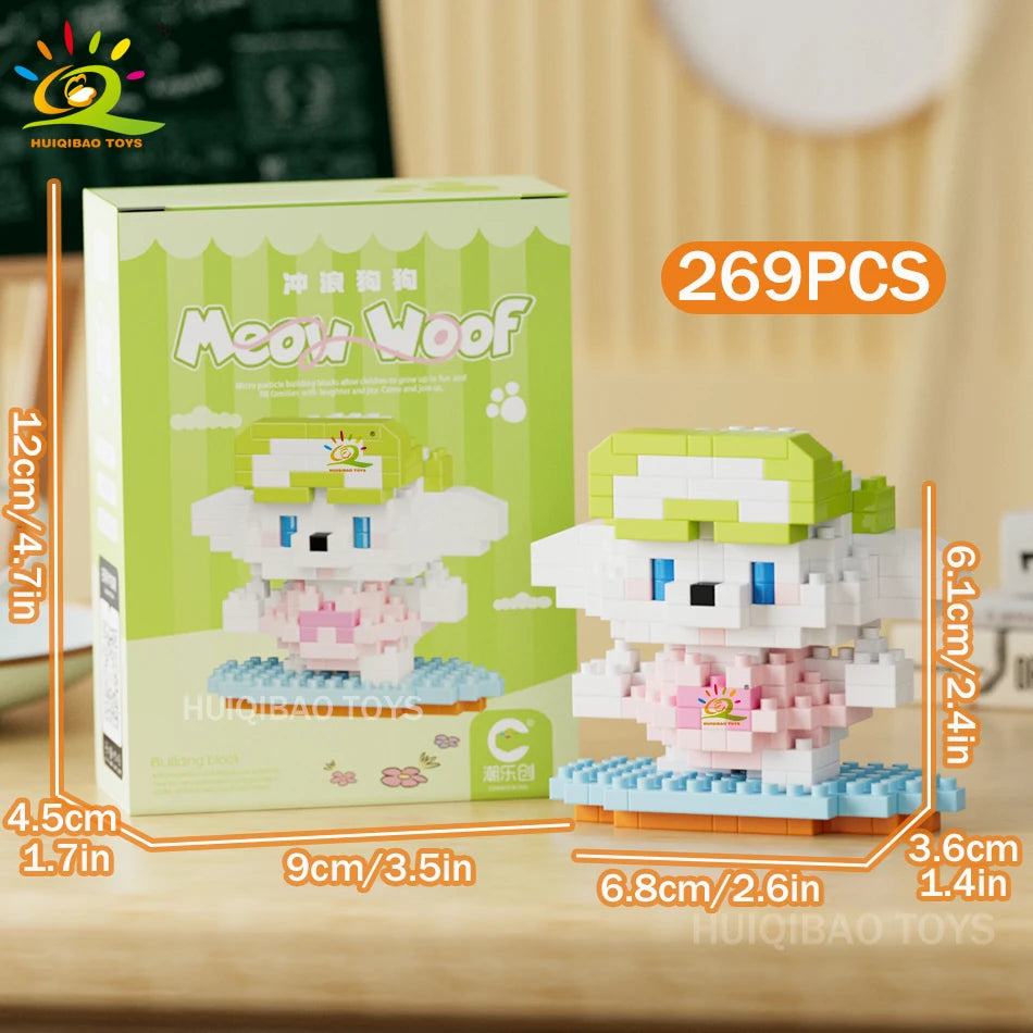 HUIQIBAO MINI Working Cat Pet Dog Micro Model Building Block Set Kids City Cartoon Animal Diamond Bricks Educational Toys Adult