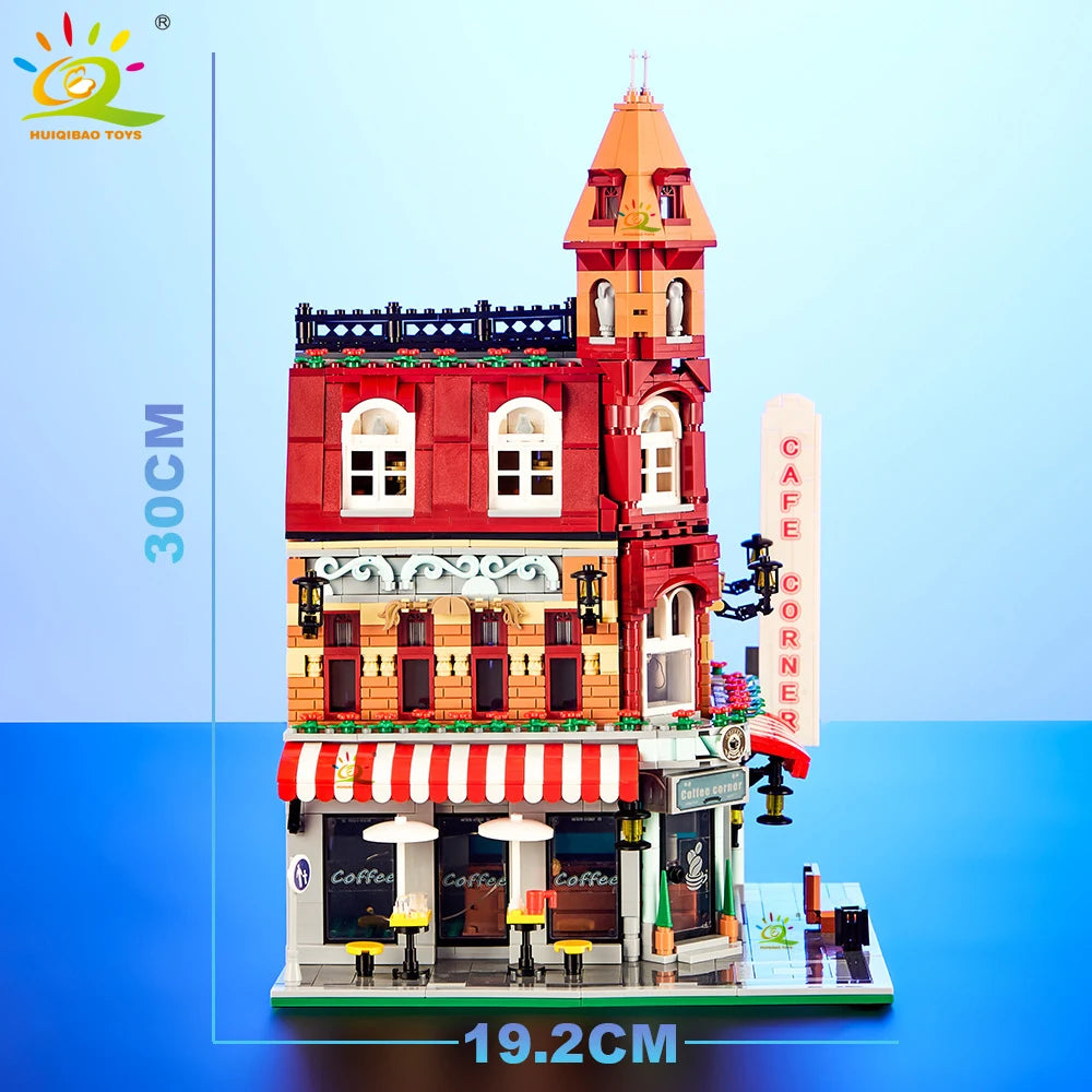 HUIQIBAO Toys MOC City Corner Coffee Shop Architecture Style Street View Micro Building Blocks for Children Construction Bricks