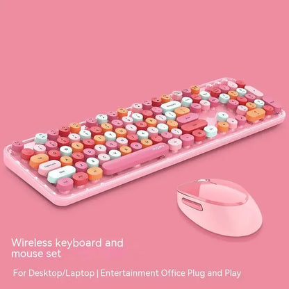 Sweet Wireless Keyboard and Mouse Set for Girls Office Typing Mechanical Hand Feel Keyboard Retro Rainbow