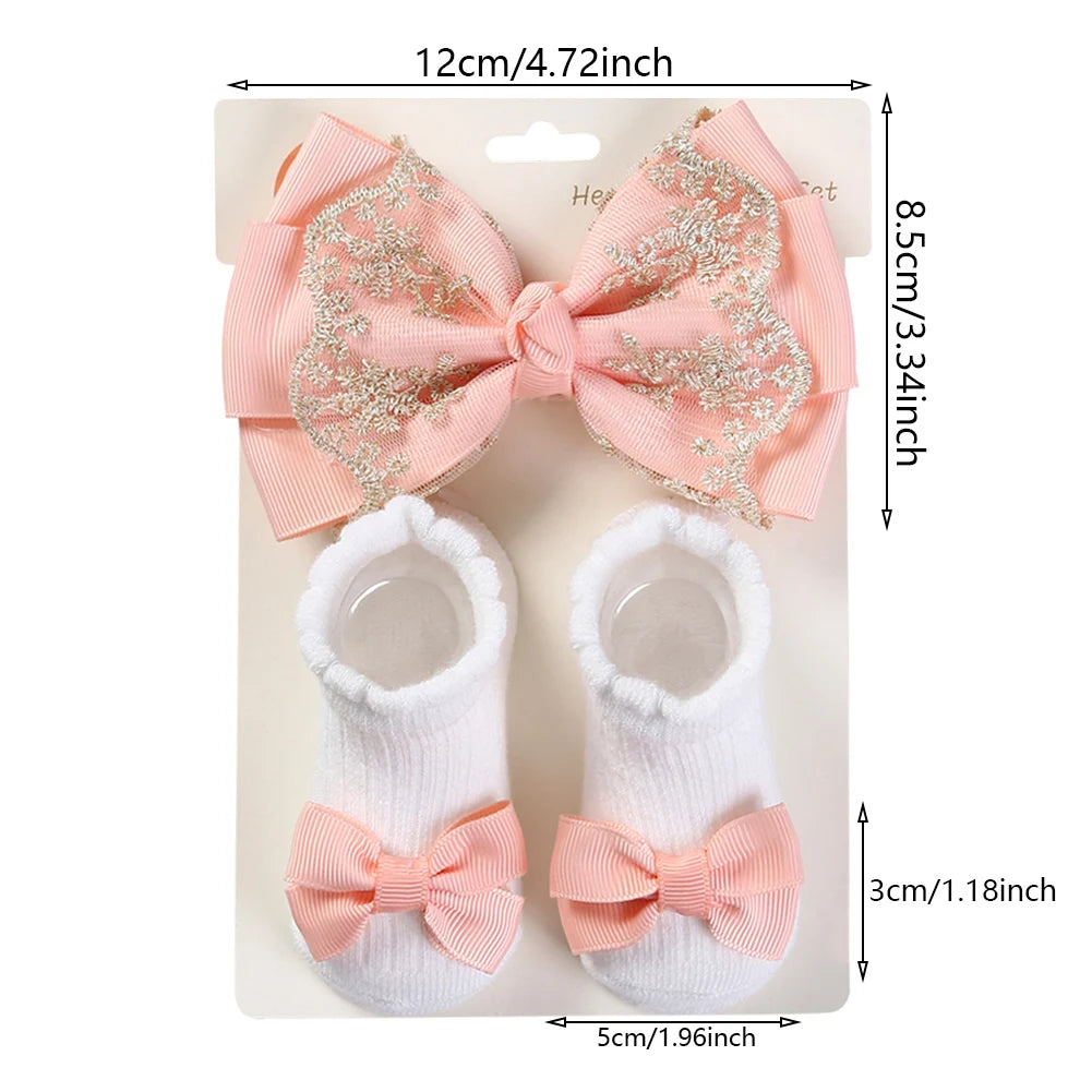 3Pcs/Set Solid Cotton Baby Non-Slip Socks Mini Ribbon Bow Boutique Gold Lace Elastic Hair Bands 0-12M Princess Girls Headwear