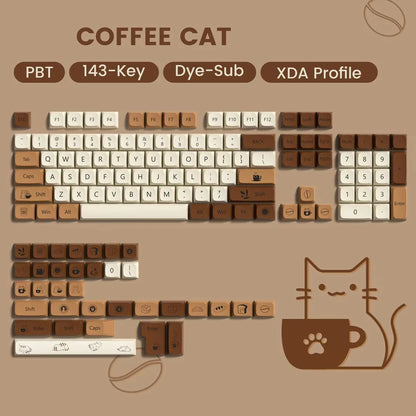 143 keys Coffee Cat PBT Keycap 5 Sides DYE-SUB XDA Profile Customized Keycaps For Cherry MX Switch Gamer Mechanical Keyboards