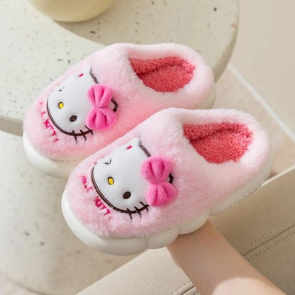 Kawaii Sanrio Hello Kitty Girls Plush Slippers Non-slip Warm Cute Cartoon Anime Home Autumn and Winter Slippers Plush Gift