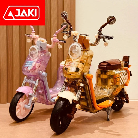 Genuine JAKI Building Blocks Motorcycle Models With Lights Electric Bicycle Toys Trendy Ornaments Girls New Year Gifts