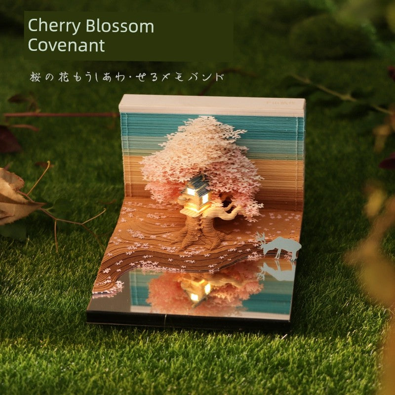 3D Stereo Note Paper Building Model Couple Cherry Blossom