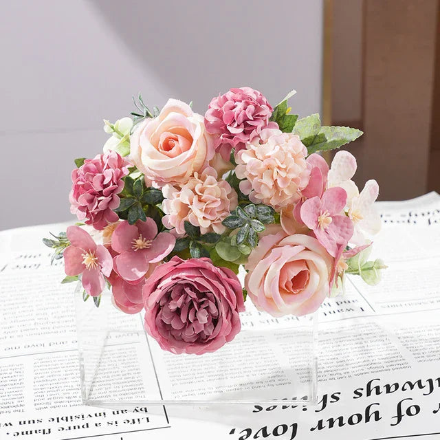 7 Heads Artificial Peony Flowers Silk Rose Hydrangea Bride Bouquet Home Room Table Decoration Party Wedding Christmas Fake Plant