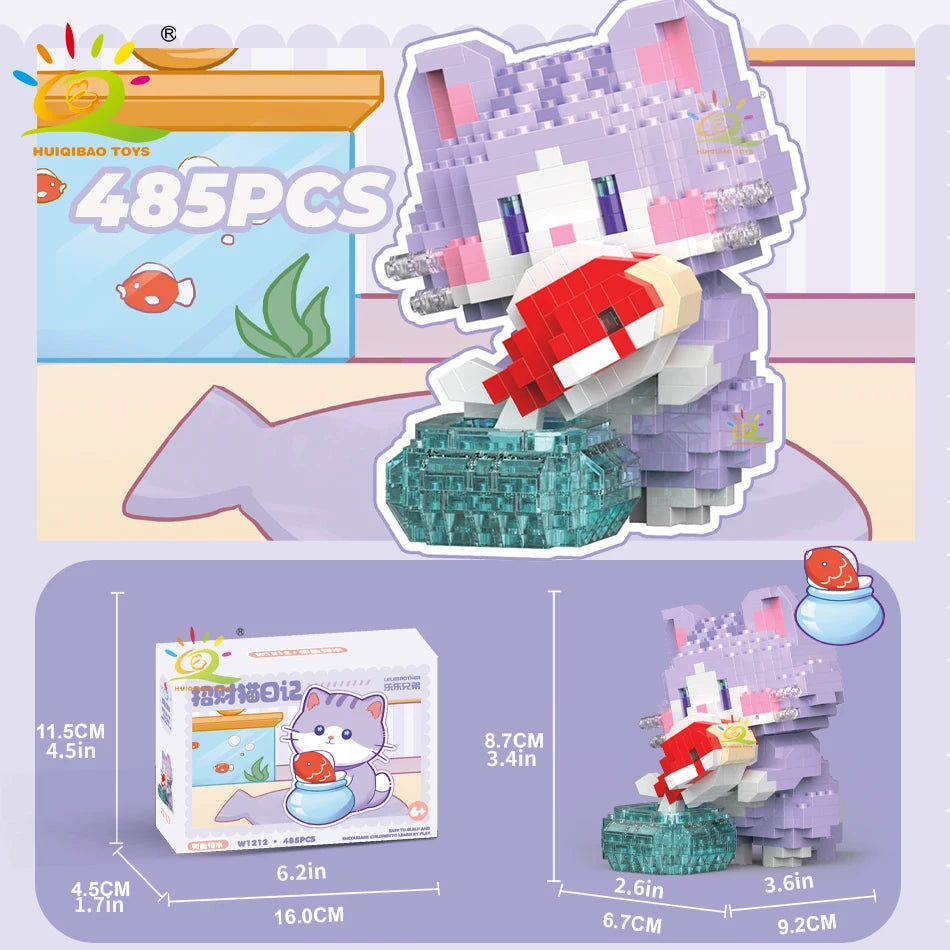 HUIQIBAO Cute Fortune Cat Micro Model Building Block Kids Mini Pets City Cartoon Animal Diamond Bricks Educational Toys Adult