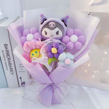 Cartoon My Melody Kuromi Cinnamoroll Kt Cat Plush Doll Holding Flower Bouquet Valentine's Day Christmas Graduation Birthday Gift