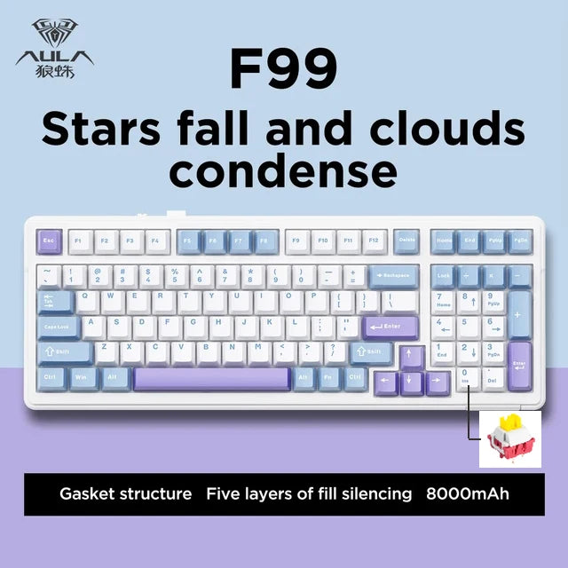 Aula F99 Gaming Mechanical Keyboard Three Mode 2.4g Wireless Bluetooth Wired Hot Swap PBT Gasket RGB For Games Typing 99 Keys