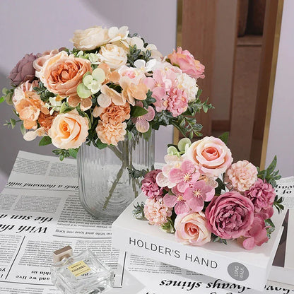 7 Heads Artificial Peony Flowers Silk Rose Hydrangea Bride Bouquet Home Room Table Decoration Party Wedding Christmas Fake Plant