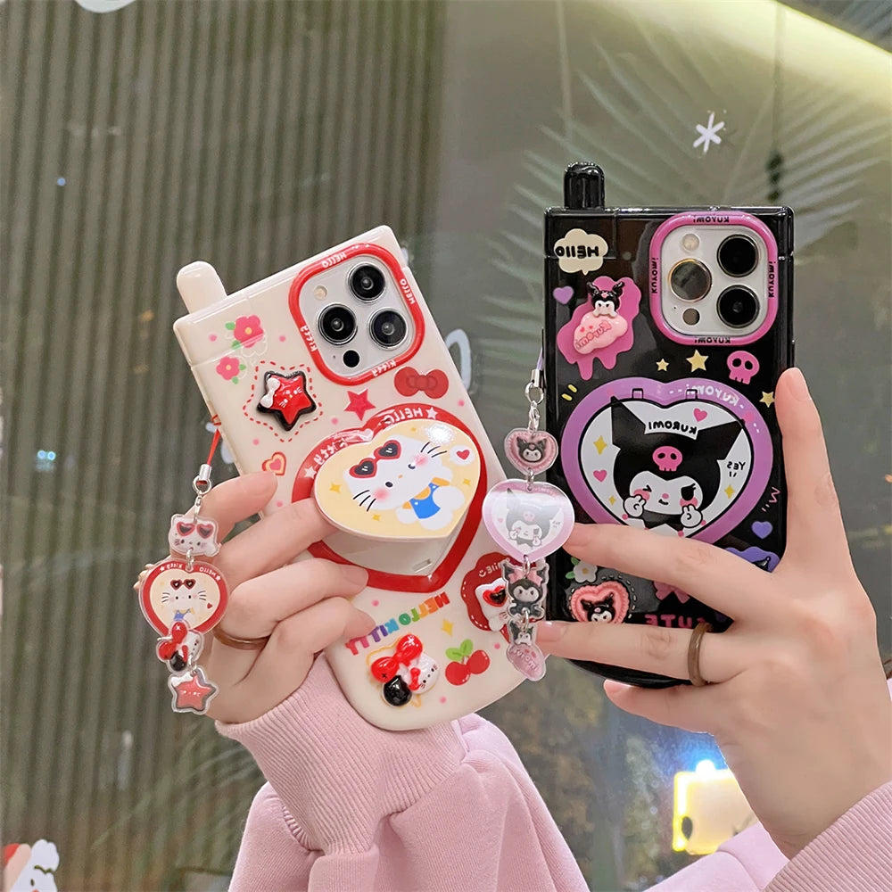 Cartoon Happy Hello Kitty Kuromi with Mirror Telephone Phone Case For iPhone 16 15 14 13 12 11 Pro Max Anti-fall Cover Funda