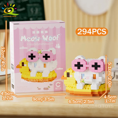 HUIQIBAO MINI Working Cat Pet Dog Micro Model Building Block Set Kids City Cartoon Animal Diamond Bricks Educational Toys Adult