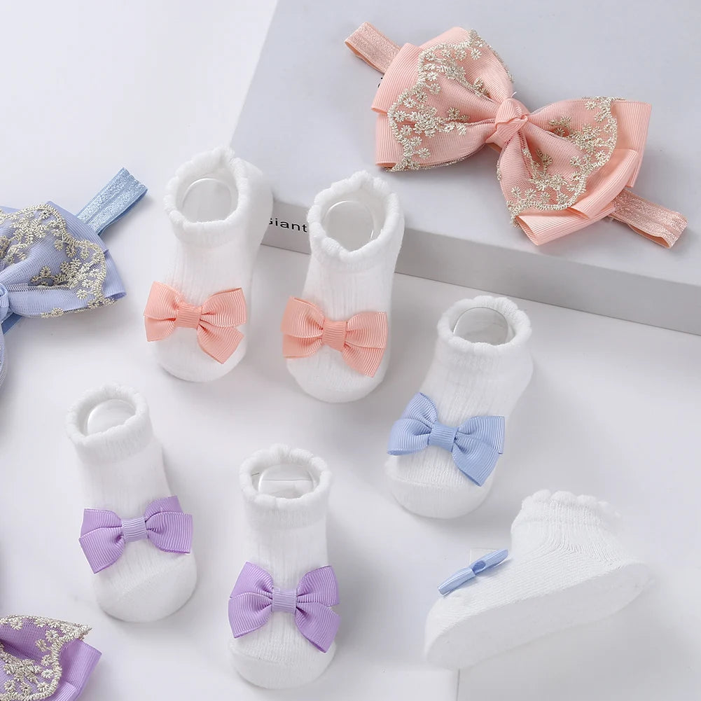 3Pcs/Set Solid Cotton Baby Non-Slip Socks Mini Ribbon Bow Boutique Gold Lace Elastic Hair Bands 0-12M Princess Girls Headwear