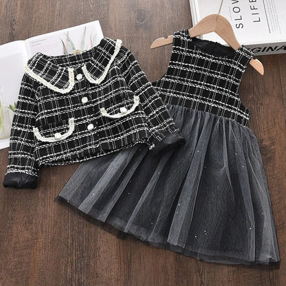 Menoea  Clothes Set Spring Autumn Plaid Vest Dress Retro Outwear Coat 2 Pcs Fashion Baby Party Dress with Bag Outfits