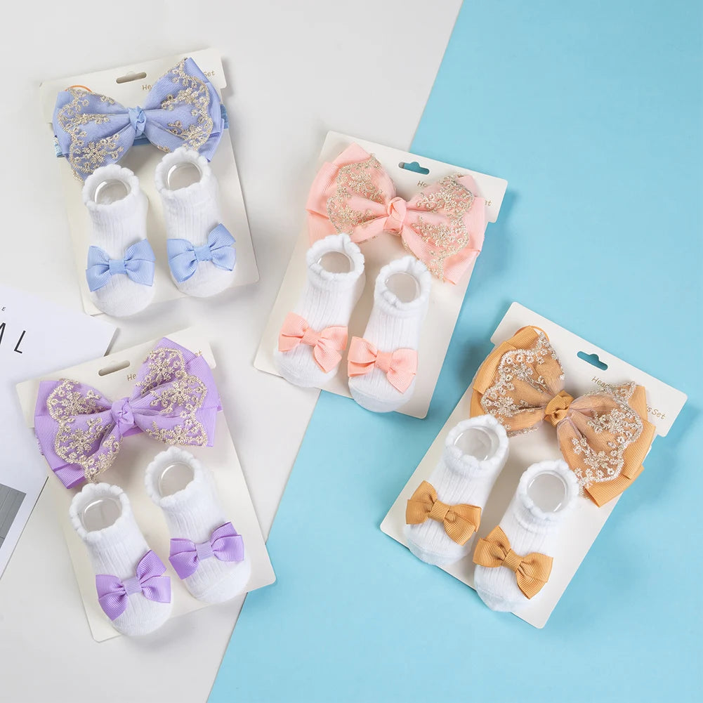 3Pcs/Set Solid Cotton Baby Non-Slip Socks Mini Ribbon Bow Boutique Gold Lace Elastic Hair Bands 0-12M Princess Girls Headwear