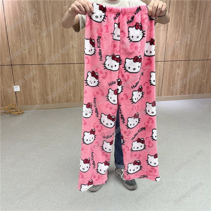 Sanrio Christmas Hello Kitty Pajamas Halloween Flannel Fashion Trouserswomen Kawaii Woolen Anime Cartoon Casual Home Pant Autumn