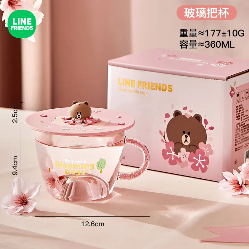 360Ml Anime Brown Bear Transparent Glass Cup with Lid Kawaii Pink Girls Milk Coffee Heat Insulation Water Mug Valentine Day Gift