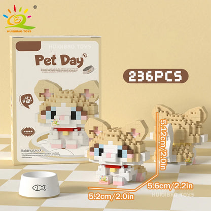 HUIQIBAO MINI Working Cat Pet Dog Micro Model Building Block Set Kids City Cartoon Animal Diamond Bricks Educational Toys Adult