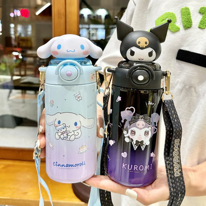 Sanrio Kuromi Thermos Cup Crayon Shin Chan Cute  Water Bottle Keeps Cold Stainless Steel Children Straw School Students