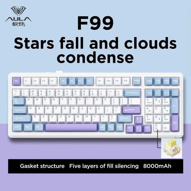 Aula F99 Gaming Mechanical Keyboard Three Mode 2.4g Wireless Bluetooth Wired Hot Swap PBT Gasket RGB For Games Typing 99 Keys