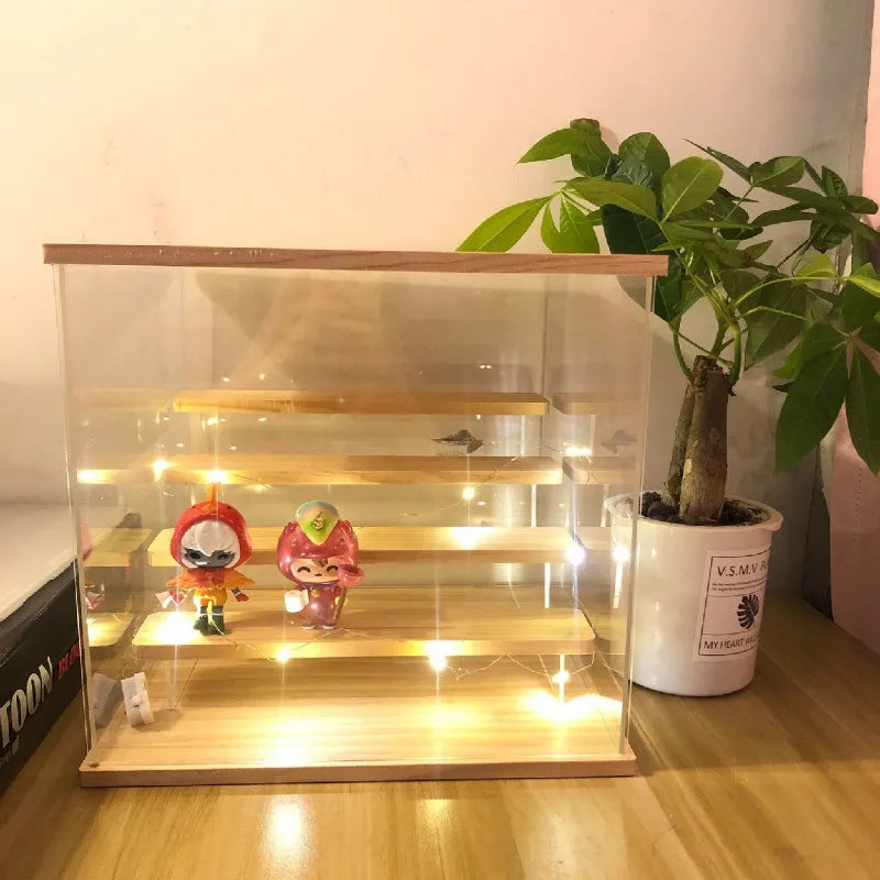 Wooden Display Box with Light Statuette Storage Box Acrylic Cartoon Doll Organizer Holder Figurines Case for POP MART Collect