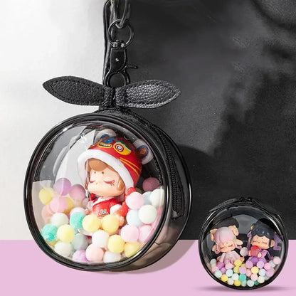 Round Portable Transparent PVC Doll Organizer Box Keychain Chain Bag Mystery Toy Boxes Double Zipper Pouch for popmart (no doll)