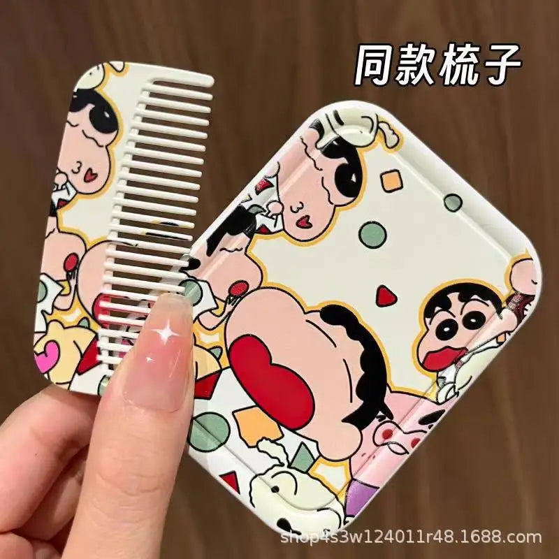 Anime Crayon Shin Chan Handheld Mirror Foldable Mirror Comb Makeup Portable Holiday Girls Cosmetic Mirror Girl Birthday Gifts