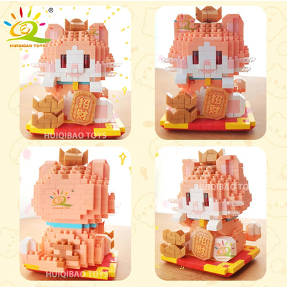 HUIQIBAO Cute Fortune Cat Micro Model Building Block Kids Mini Pets City Cartoon Animal Diamond Bricks Educational Toys Adult