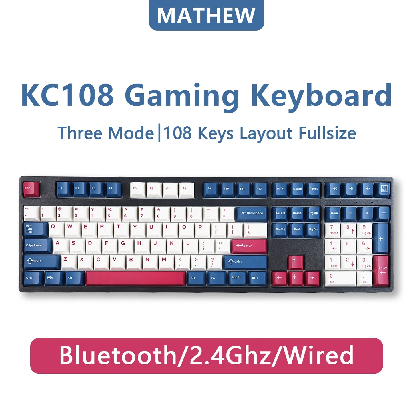 MATHEW KC108 RGB Gaming Keyboard 108 Keys Wireless Mechanical Keyboard Fullsize Hot-swappable Linear Switch for Mac/Win