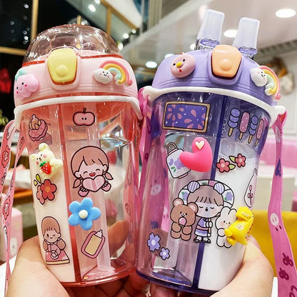 430ml Cute Children Double Drinking Water Bottle Straw Portable Student Couple Plastic Cup Gift School Kids