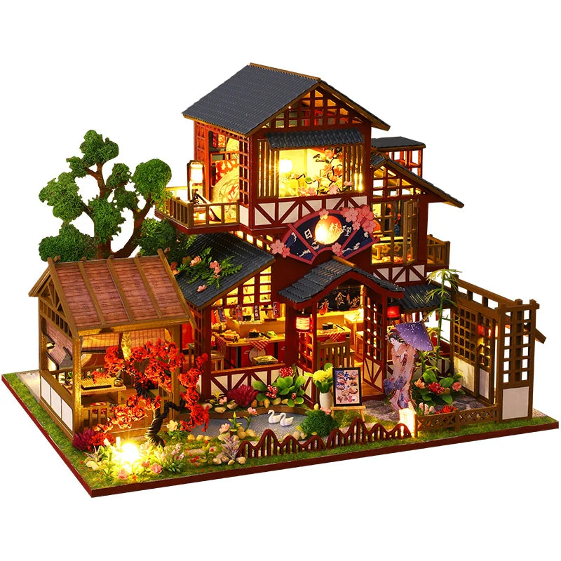 Diy Wooden Miniature Building Kit Doll Houses With Furniture Japanese Cuisine Casa Dollhouse Handmade Toys For Girls Xmas Gifts