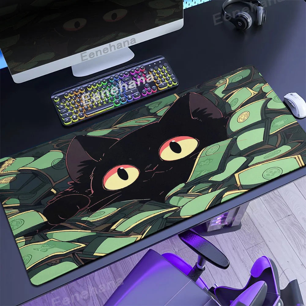 The Black Cat on the Clouds Keyboard Mouse pad Kawaii Art style patterns Pink Desk Mat PC Gamer Rug Office Carpet Home Table pad