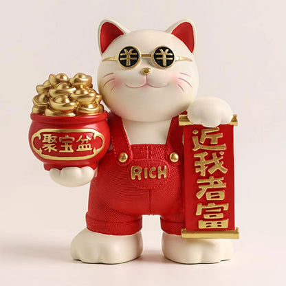 Fortune Cat Figurine Lucky Cat Statue Home Decor Desk Modern Resin Animal Sculpture Mascot Cat for Living Room Studio Bedroom