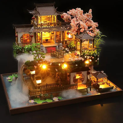 DIY Wooden Miniature Building Kit Doll Houses with Furniture Chinese Ancient Casa Dollhouse Handmade Toys for Girls Xmas Gifts