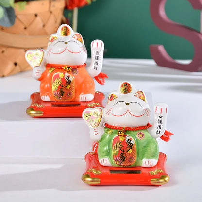 Solar Powered Lucky Cat Maneki Neko Home-Office Car Christmas Decoration Welcoming Chinese Lucky Cat Waving Hand Beckoning Decor