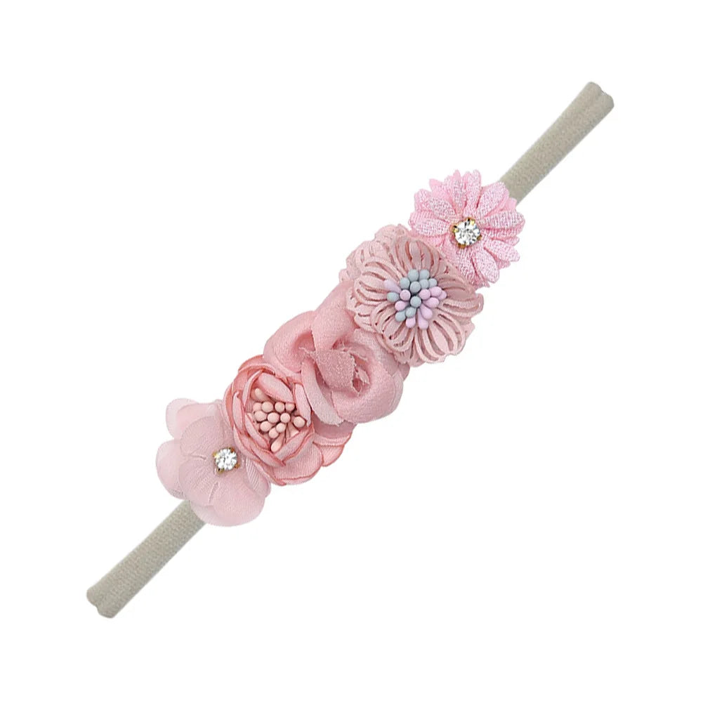 Artificial Flower Baby Headband Newborn Boys Girls Fake Floral Nylon Hair Bands Princess Rhinestone Hair Accessories