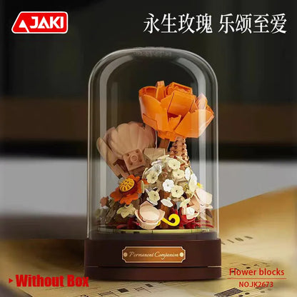 Jaki Building Block Flower Preserved Fresh Flower Rotating Music Box Rose Bouquet Assembled Toy Music Box Girl Gift