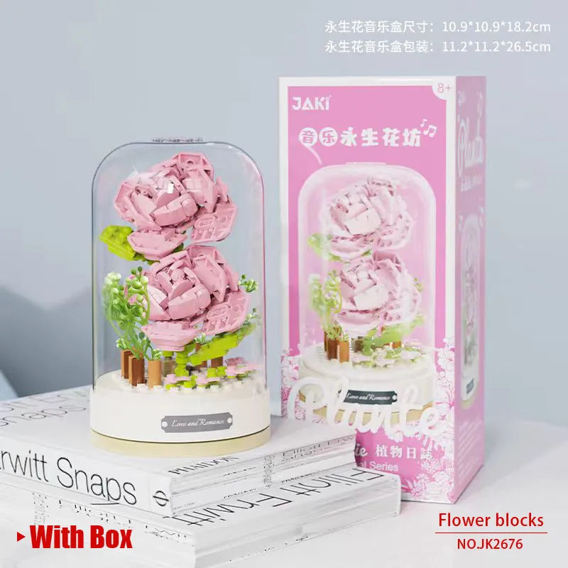 Jaki Building Block Flower Preserved Fresh Flower Rotating Music Box Rose Bouquet Assembled Toy Music Box Girl Gift