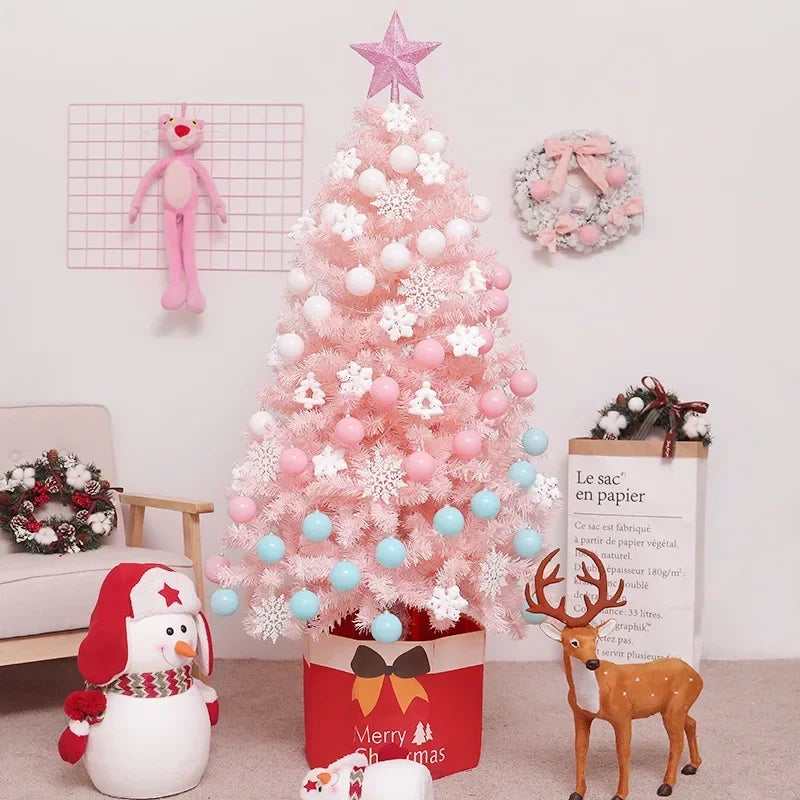 Artificial Pink Christmas Tree 150 180 CM Pine Branches Christmas Tree Set LED Lights Sturdy Tripod PVC Christmas Tree Decor