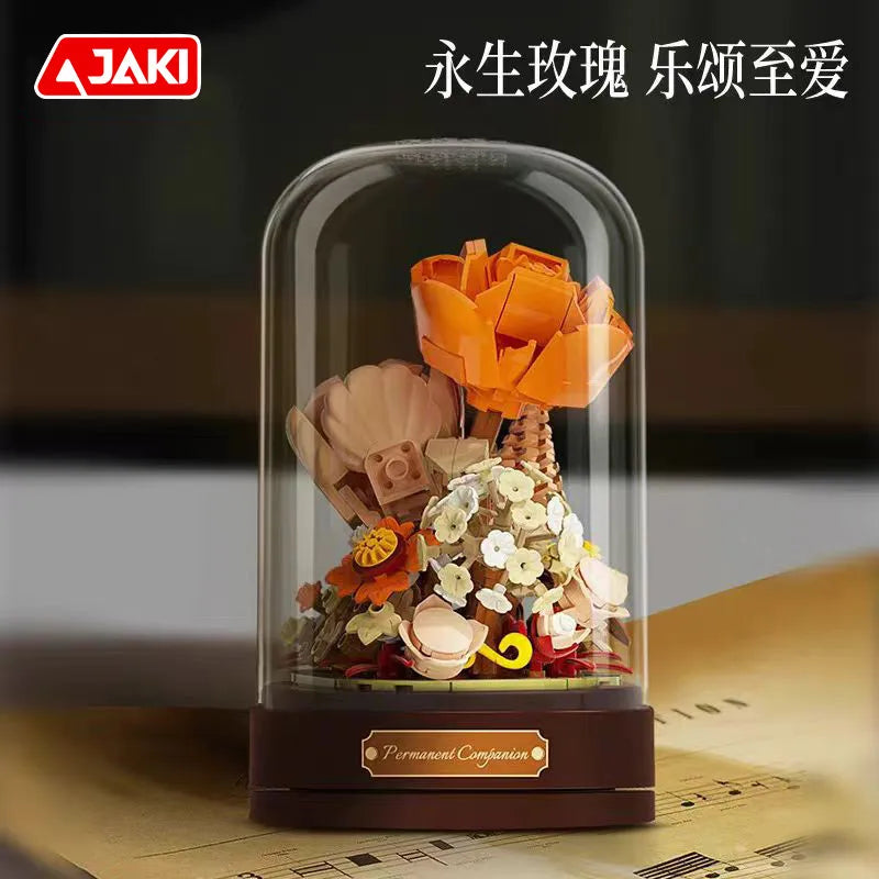 Jaki Building Block Flower Preserved Fresh Flower Rotating Music Box Rose Bouquet Assembled Toy Music Box Girl Gift