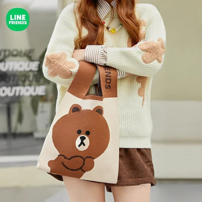 LINE FRIENDS Cony Brown Anime Kawaii Large Capacity Bag Women Work Coin Storage Wrist Bag Cartoon Shoulder Knitted Handbag Gift