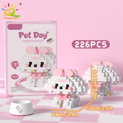 HUIQIBAO MINI Working Cat Pet Dog Micro Model Building Block Set Kids City Cartoon Animal Diamond Bricks Educational Toys Adult