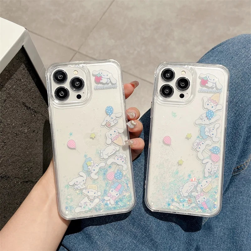 INS Kawaii Cinnamoroll Quicksand Bling Phone Case For iPhone 16 15 14 Pro Max 13 12 11 X XS Max XR Lovely Anti-drop Cover