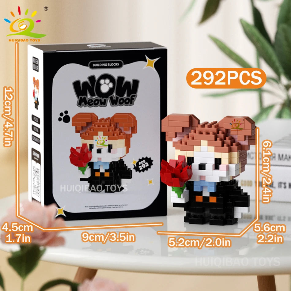 HUIQIBAO MINI Working Cat Pet Dog Micro Model Building Block Set Kids City Cartoon Animal Diamond Bricks Educational Toys Adult