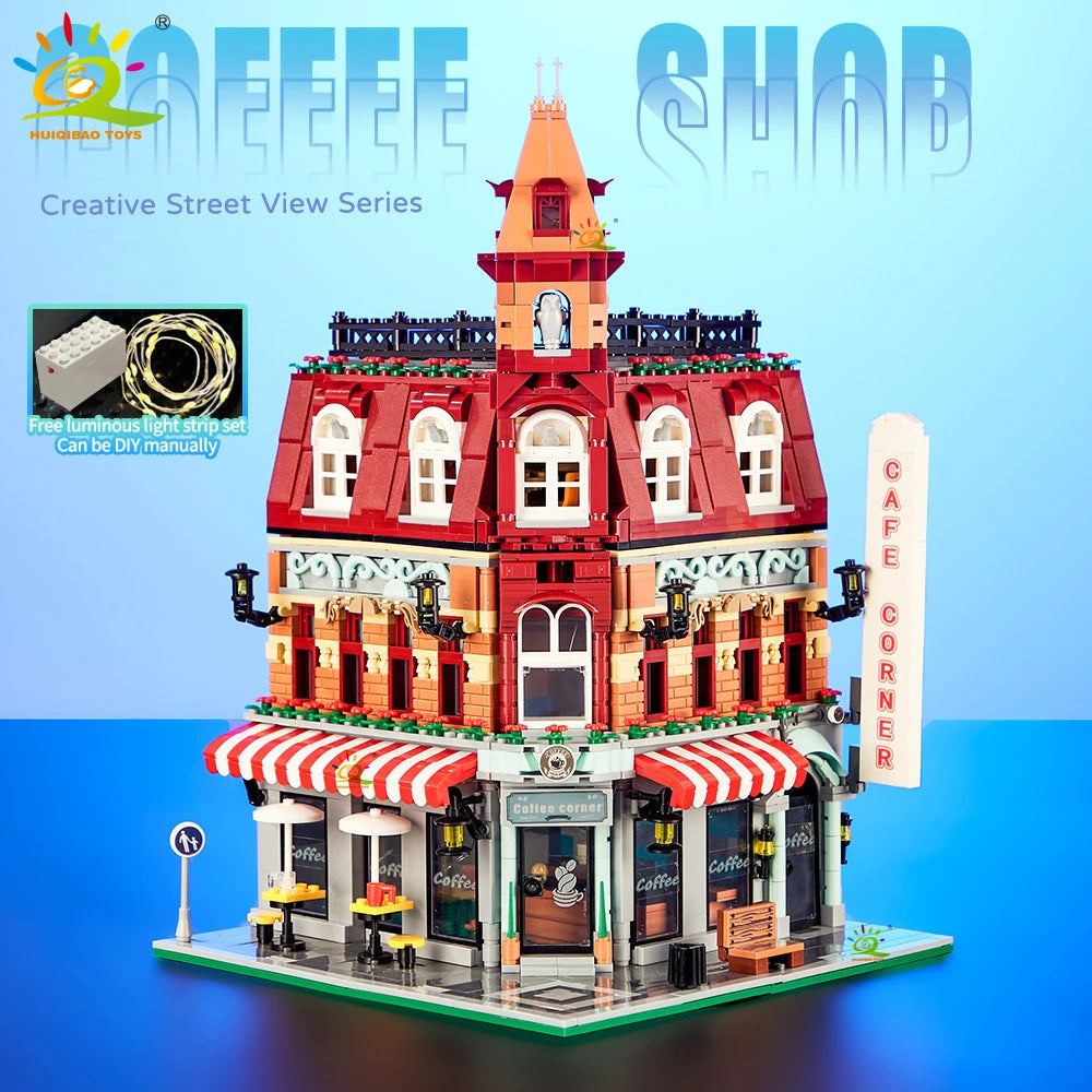 HUIQIBAO Toys MOC City Corner Coffee Shop Architecture Style Street View Micro Building Blocks for Children Construction Bricks