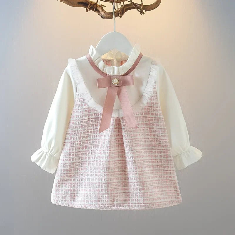 Baby Girl Autumn New Dress Bow Doll Collar Long Sleeved Princess Skirt Plaid Girls' Clothing