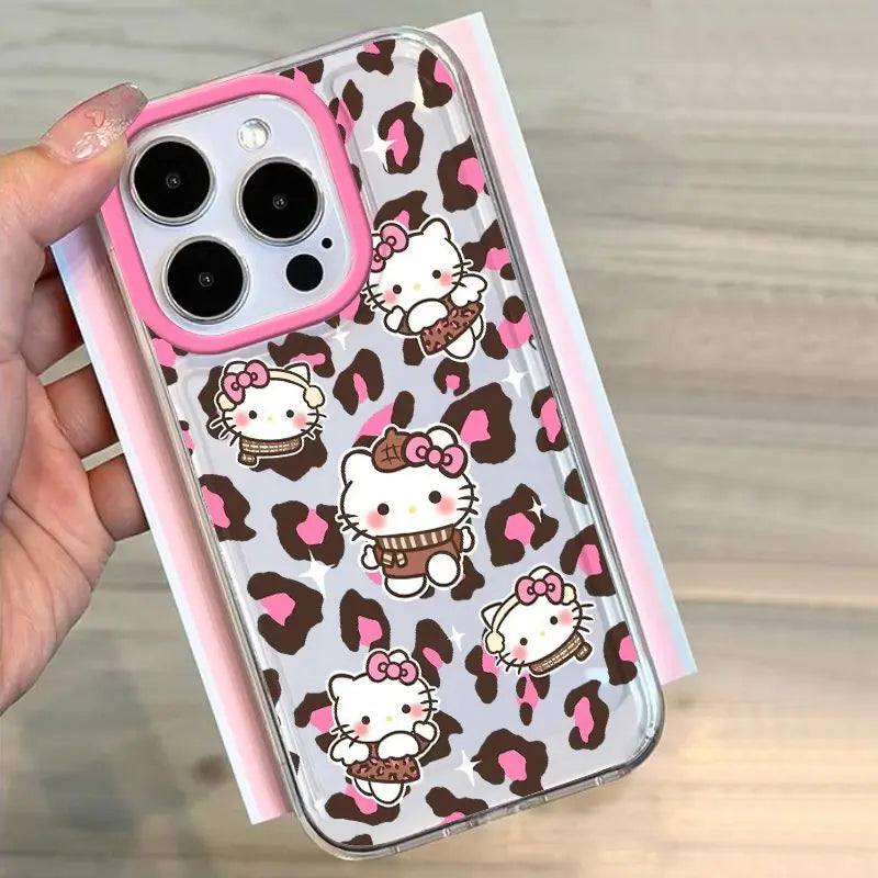 Sanrio Hello Kitty Pink Leopard Print Phone Case For iPhone 15 14 13 12 11Pro Max 78Plus XR XS MAX Y2K Girl Anti Fall Back Cover