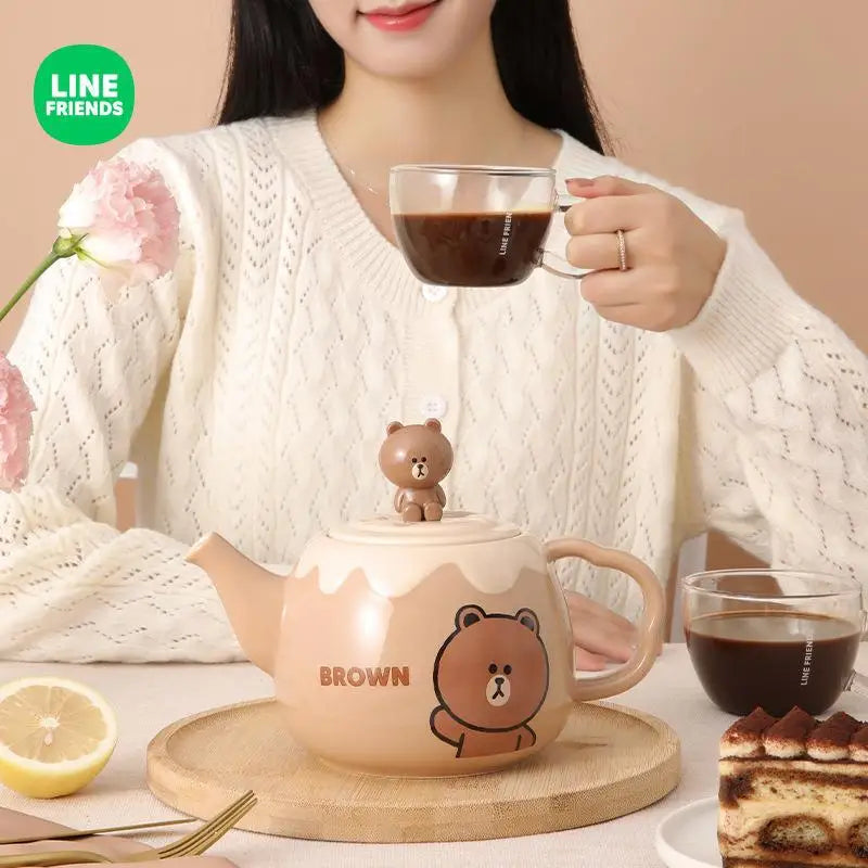 Anime Brown Bear Sally Cony 1000Ml Coffee Ceramic Pot with 2Pcs Glass Cup Kawaii Home Office Large Capacity Water Bottle Teapot