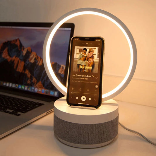 2024 New Multi-Function Wireless Charging Lamp BT Speaker Smart AI Night Light Brightness Adjustment Table Lamp as Gift