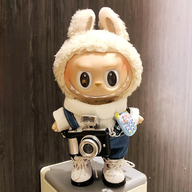 17cm Fashion Mini Labubu Clothes Camera Plush Hoodie Idol Dolls Jumpsuit Clothing Fans Overalls Accessories for Korea Kpop Exo