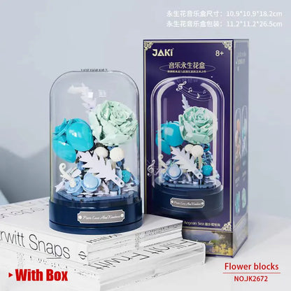 Jaki Building Block Flower Preserved Fresh Flower Rotating Music Box Rose Bouquet Assembled Toy Music Box Girl Gift